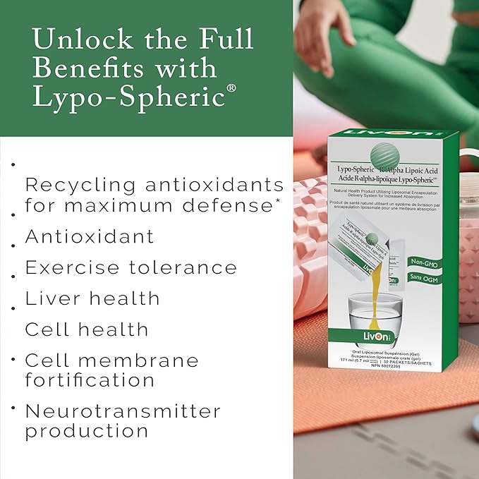 LivOn Laboratories Lypo–Spheric R–Alpha Lipoic Acid - 30 Packets – 226 mg R-ALA Per Packet - Liposome Encapsulated for Improved Absorption - 2 Pack