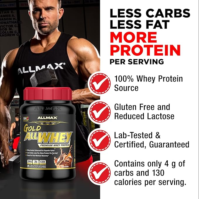 ALLMAX Nutrition Gold ALLWHEY Cookies &amp Cream - 2 lb - 24 Grams of Protein Per Scoop - Gluten Free Low Carb &amp Low Sugar - Approx. 30 Servings