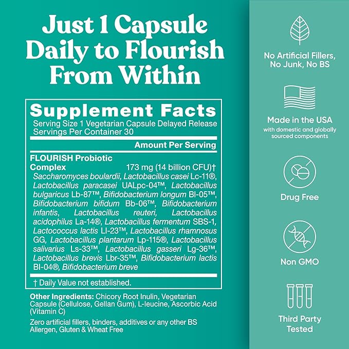 Flourish Probiotics + Prebiotics for Women – Gut and Digestion Urinary Tract Reduce Bloating Vaginal Health – 18 Clinically Proven Strains 14 Billion CFU – 30 Shelf-Stable Mini Vegan Capsules