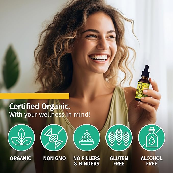 (2 Pack) Organic Vitamin D3 K2 Drops with MCT Oil Omega 3 Maximum Strength Vitamin D Liquid 5000 IU No Fillers Non-GMO Liquid D3 for Faster Absorption and Immune Support (Pineapple 2 Fl Oz)