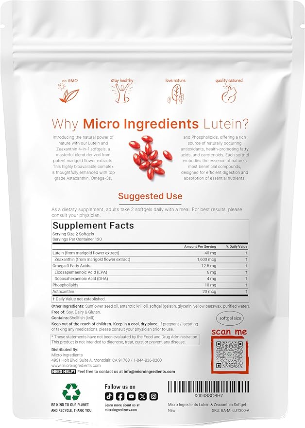 Micro Ingredients Lutein &amp Zeaxanthin 40mg Softgels 240 Count with Astaxanthin Omega-3s &amp Phospholipids | Eye + Vision Health Vitamins | Third Party Tested Non-GMO Gluten Free