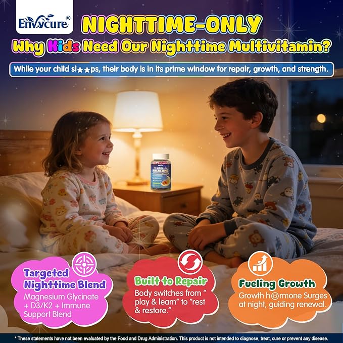 Kids 4+ Nighttime Multivitamin Melatonin Free Sleep Aid Gummies w/Magnesium Glycinate Saffron L-Theanine Calcium Inositol D3+K2 Zinc Supports Calm Mood Brain Bone &amp Immune Sugar Free 2