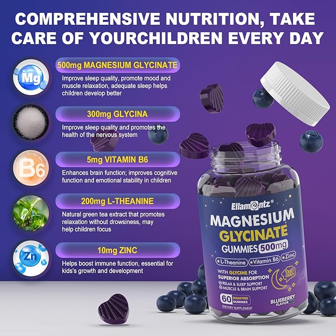 Magnesium Glycinate Gummies 500mg/250mg for Adults Kids Teens Sugar Free Magnesium Calm Sleep Aid Kids Sleep Gummies with L-Theanine Glycine B6 for Sleep Calm MuscleRelax BrainNo Melatonin2Pack