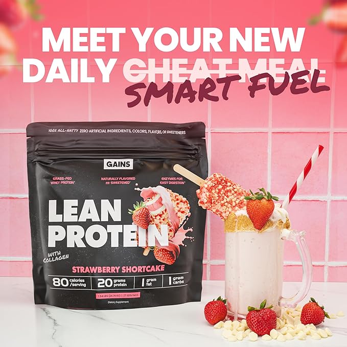 Gains in Bulk Lean Protein Powder With Collagen Peptides Gluten Free Grass Fed Whey 20 G Protein &amp 5 G Collagen Plant Enzymes to Support Digestion Natural Flavor Strawberry Shortcake 27 Serv