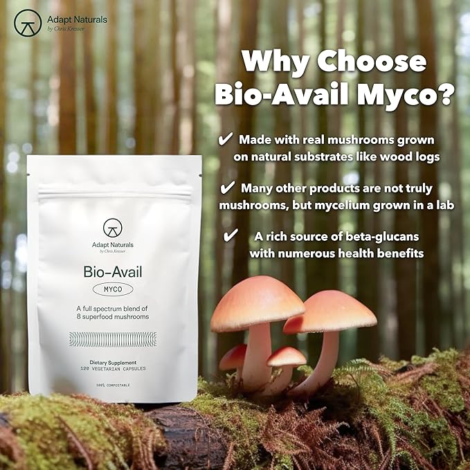 Adapt Naturals Bio-Avail Myco - 8-in-1 Bioavailable Mushroom Supplement Mushroom Complex - Chaga Cordyceps Reishi Lions Mane - Blood Pressure Memory Immune - 120 Capsules
