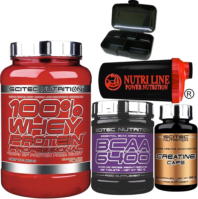 Scitec Nutrition 100% Whey Protein Professional 920 gr Proteine siero del Latte con 125 Bcaa 6400 125 compresse 120 Capsule creatina Shaker Nutriline e Portapillole (VANIGLIA E Frutti DI Bosco) *#