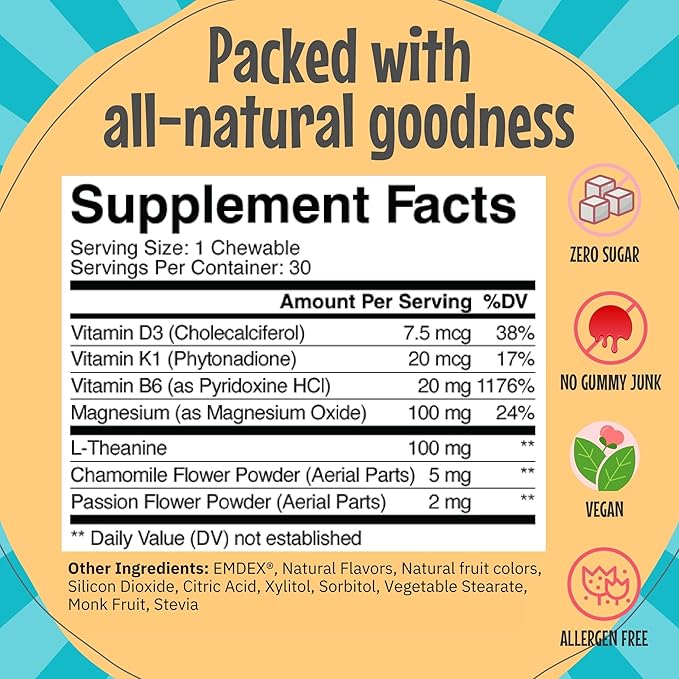 Clarity Kids Super Calm | Magnesium Chewable Vitamin for Children Comfort Focus and Relaxation | All Natural Calm Supplement with L-Theanine | USA Made | 30 Piece