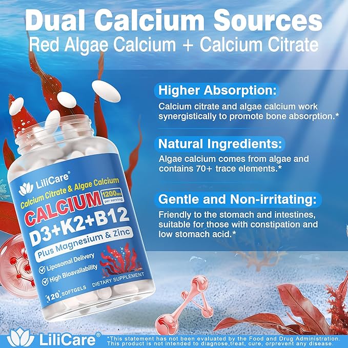 Calcium 1200 mg with Vitamin D3 K2 5000 IU Softgels Supplement for Women Men - Liposomal Calcium Citrate &amp Algae Calcium Magnesium Zinc + D3 K2 B12 Plant-Based Vegan Vitamin D Boron for Bone120