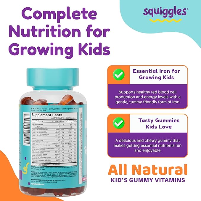 Squiggles Kids Multivitamin + Iron Gummies - Low Sugar Gummy Vitamins with Iron Supplements for Kids - Broad Spectrum of Vitamins and Minerals Chewy Yummy Berry Flavor (100 Count)