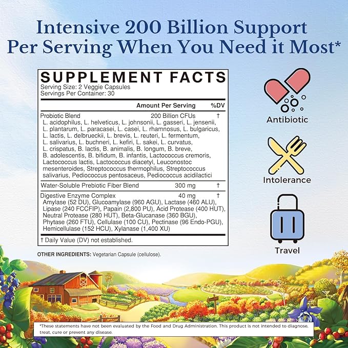 Vitalitown Probiotics 200 Billion CFUs 36 Strains | Shelf Stable Acid &amp Bile Resistant | Intensive Digestive &amp Immune Support | Men &amp Women Probiotics | Vegan Non-GMO | 60 ct