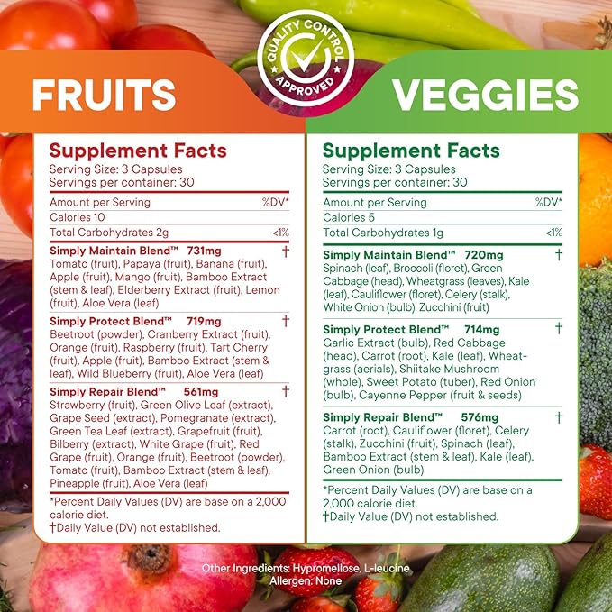 Simply Nature's Pledge - Packed with 42 Different Fruits &amp Vegetables - 2-Month Supply - Made with Real Non-GMO Whole Foods - Supports Energy &amp Overall Wellness - Soy-Free - 360 Capsules