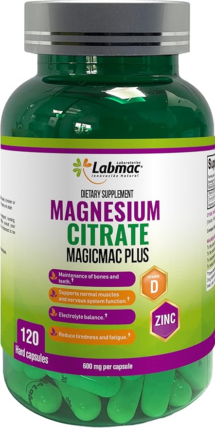 Magnesium Citrate 600mg 120 Capsules - 3-in-1 Magnesium Citrate Capsules with Vitamin D3 and Zinc Supplements - citrato de magnesio for Muscle Nerve Function Healthy Bones Teeth Fatigue/Tiredness