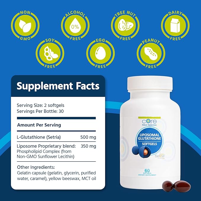 Core Med Science Liposomal Glutathione Supplement (500mg 60 Softgels) - Pure Reduced Setria with Phospholipid Complex - Antioxidant Supplement for Energy and Skin