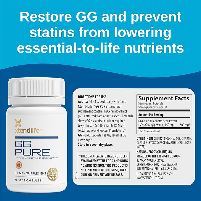 Xtendlife GG Pure Geranylgeraniol for CoQ10 Bone Muscle &amp Heart Support - 150mg GG Gold from Annatto Seeds - Ideal for Statin Users - 2 Month Supply (Pack of 2)
