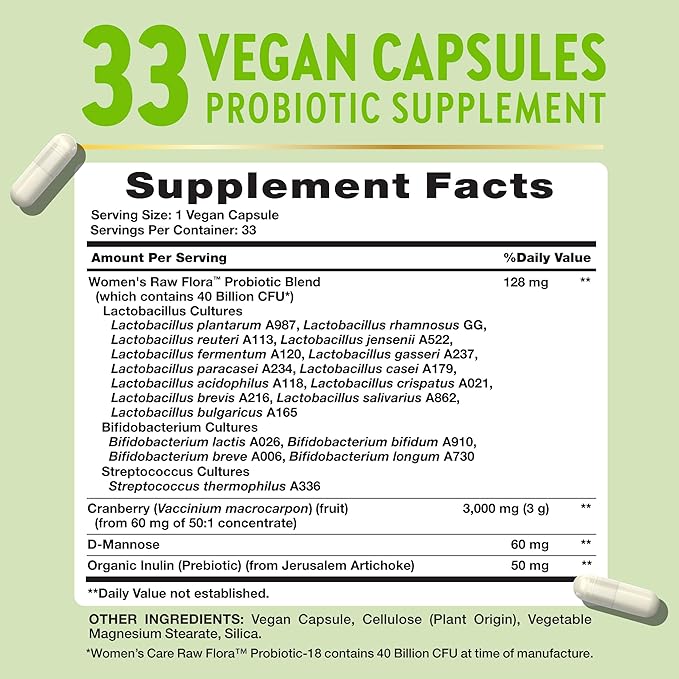 Raw Flora Women's Probiotics | Dr. Formulated 40 Billion CFU + Prebiotics | Digestive Vaginal &amp Urinary Support | 33 Vegan Capsules with Cranberry &amp D-Mannose | Shelf Stable