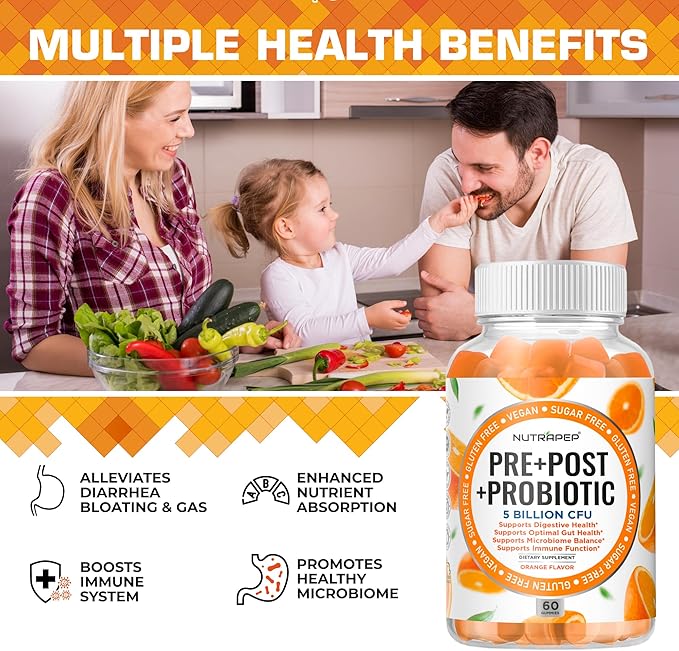 Prebiotic Probiotic &amp Postbiotic Gummies for Women Men &amp Kids Children - High Potency 5 Billion CFU - Sugar-Free &amp Gluten 60 Count (Pack of 2)