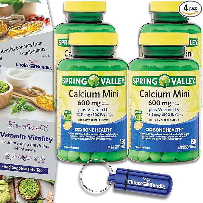Spring Valley Calcium 600 mg Plus Vitamin D3 12.5 mcg 150 Ct Mini Softgels 4 Pk (600 Total) + “Vitamin Vitality” Guide &amp Pill Container (6 Items)!