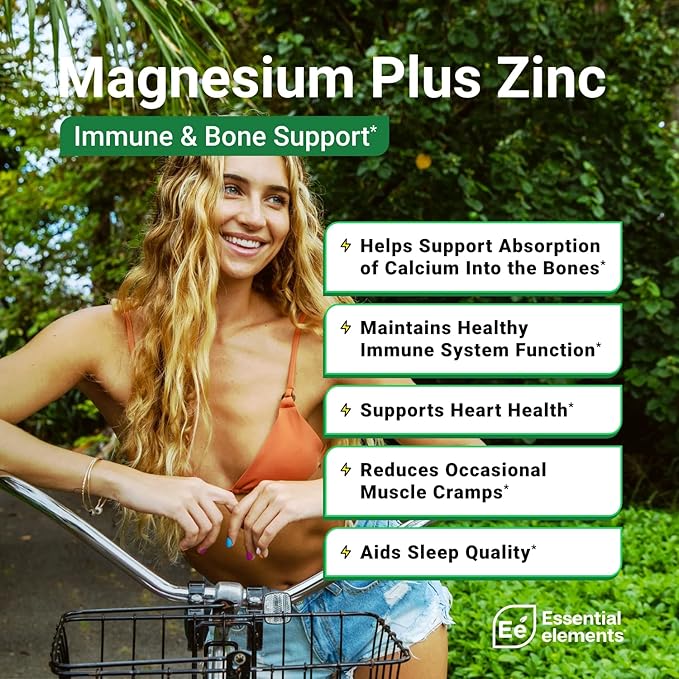 Essential Elements Magnesium Plus Zinc with Vitamin D3 | Scientifically Formulated Heart Bone &amp Muscle Support | 225mg Triple-Strength Magnesium Complex with Glycinate Malate Citrate | 180 Coun