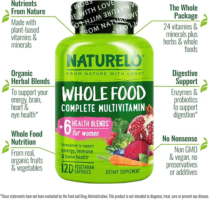 NATURELO Whole Food Multivitamin for Women - with Vitamins Minerals &amp Organic Extracts - Supplement for Energy and Heart Health - Non GMO - 120 Vegan Capsules