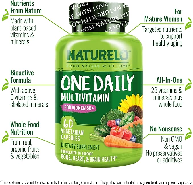 NATURELO One Daily Multivitamin for Women 50+ (Iron Free) 60 Capsules Calcium Supplement for Bone Strength 120 Capsules Bundle