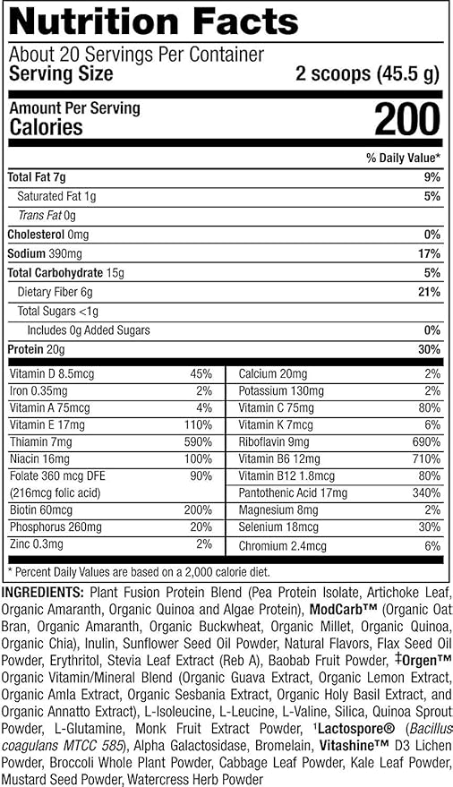 PlantFusion Complete Meal Replacement Shake - Plant Based Protein Powder with Superfoods Greens &amp Probiotics - Vegan Gluten Free Soy Free Non-Dairy No Sugar Non-GMO - Vanilla 2 lb