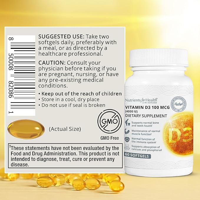 Rawleigh Vitamin D3 50 MCG: 60 Softgels 30 Days Supply. High Strength Cholecalciferol 4000iu (100μg). Immune Healthy Teeth Supports Calcium Absorption Bones &amp Muscles. Gluten-Free GMO-Free