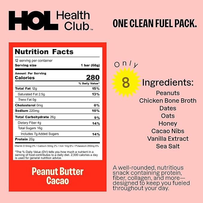 HOL Bone Broth Protein Bars - Peanut Butter Cacao - 20g Whole-Food Protein - Natural Energy Snack Made with Real Ingredients - Gluten-Free No Artificial Additives - Great On-the-Go Fuel - 12 Pack