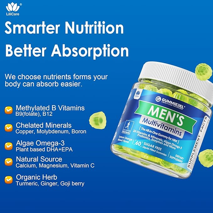 2 Pack - Mens Multivitamins Gummies Methylated Multivitamin for Men B Complex Minerals Vegan Omega 3 Probiotic Enzyme Antioxidants for Men's Complete Daily Support Sugar Free Vegan (No Iron)
