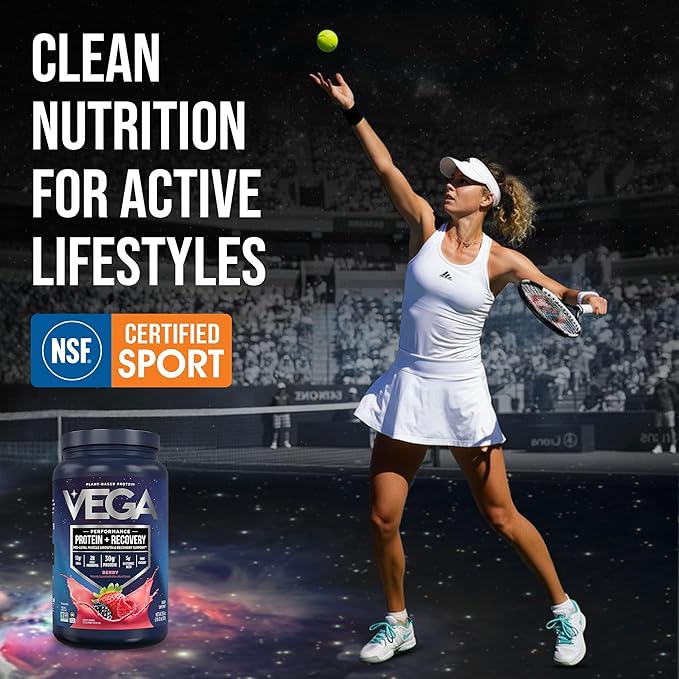 Vega Sport Vegan Protein Powder + Recovery - 30g Plant Based Protein per Serving Berry 19 Servings 5g BCAAs Probiotics NSF Certified for Shakes &amp Smoothies 1.8lbs (Packaging May Vary)