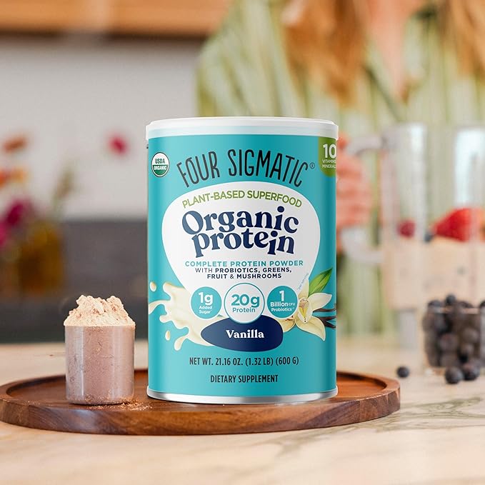 Four Sigmatic Organic Vegan Protein Powder | 18g Plant-Based Protein per Serving | Gluten Free Dairy Free Soy Free Non-GMO with No Filler Ingredients | 21.16oz 15 Servings | Vanilla