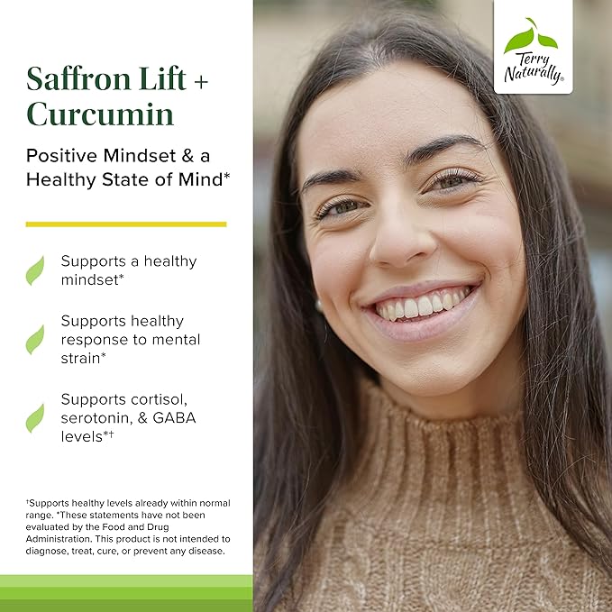 Terry Naturally Saffron Lift + Curcumin - Herbal Supplement with Curcumin - Non-GMO Saffron &amp Brain Curcumin Capsules - Concentration &amp Relaxation Support Supplement - 60 Capsules