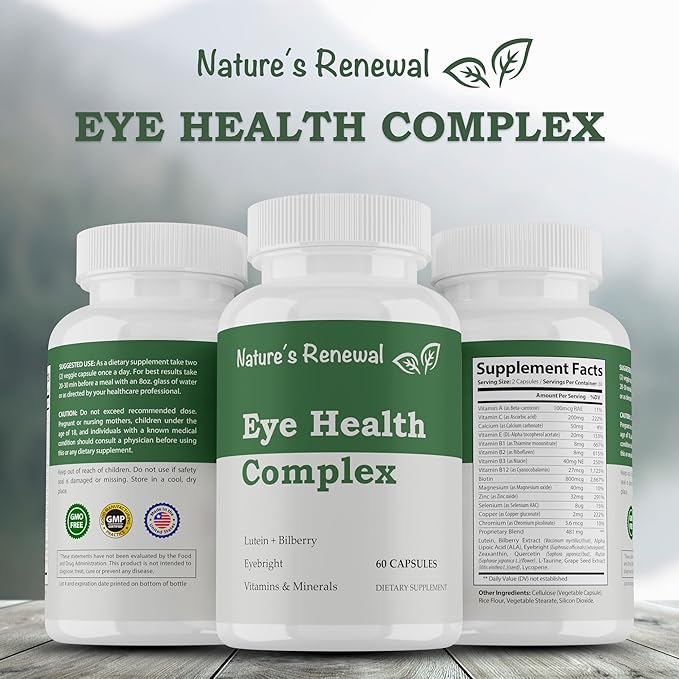 Nature's Renewal Eye Health Complex Supplement - Lutein Zeaxanthin Lycopene Bilberry Eyebright Carotenoids Macular Support Herbs Sight Care Vitamins Vision Antioxidants - 60 Capsules