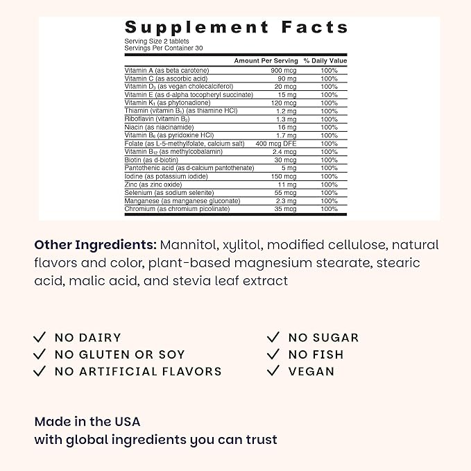 EZ Melts Multivitamin Without Iron - Daily Supplement with 18 Vitamins &amp Minerals - Contains Vitamin C Folate Biotin &amp More - Non-GMO &amp Vegan - Apple - 60 Dissolvable Tablets (30 Serving
