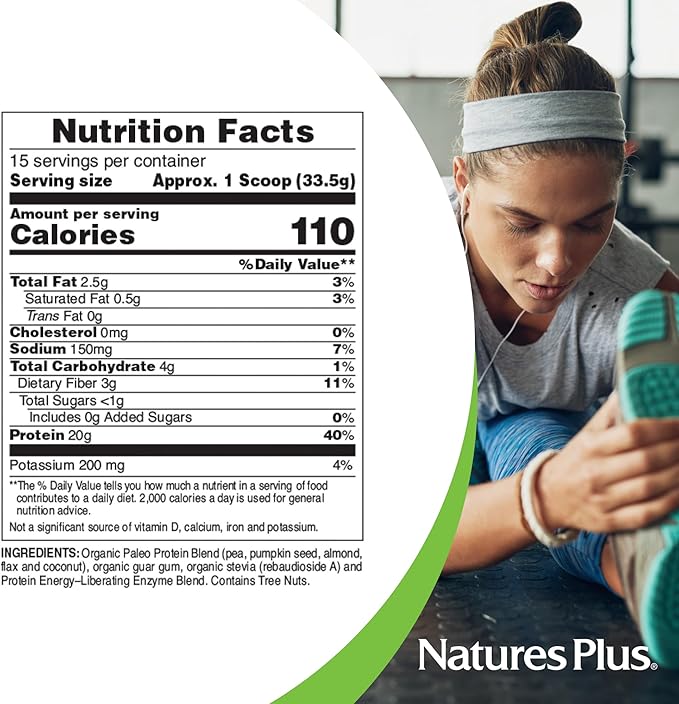 NaturesPlus Organic Paleo Protein - 1.49 lbs 20 g Protein Vegan Protein Powder - Unflavored Unsweetened - Certified Organic High Protein Energy Protein - Vegetarian Gluten-Free - 15 Servings