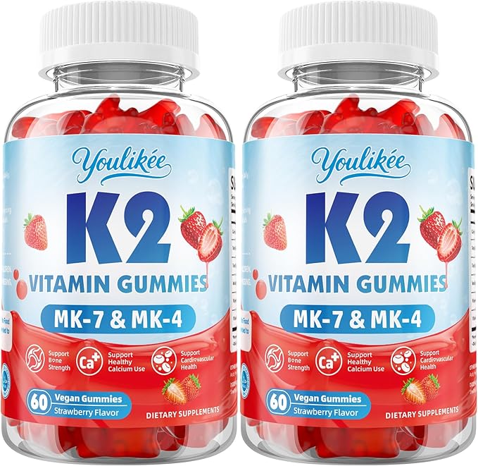 2 Pack Sugar-Free Vitamin K2 Gummies Dual Formula Vitamin K2 Supplement with MK-7 &amp MK-4 Supports Bone Health Gluten-Free Non-GMO Sugar-Free Strawberry Flavor 120 Gummies