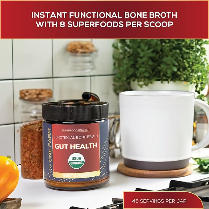 One Farm Superfood Powder Gut Health Organic Gut Soothing Blend and Prebiotic Blend Non-GMO Prebiotics with Bone Broth Turkey Tail Mushroom Slippery Elm and Marshmallow Root for GI Health