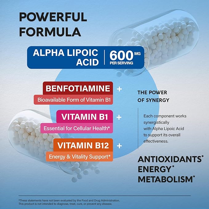 Alpha Lipoic Acid 600mg - ALA Supplement Antioxidant for Nerve Energy &amp Metabolism Support - Extra Strength with Benfotiamine B1 &amp B12 - Lab Tested NON-GMO &amp Vegan - 240 Capsules 4 Mon