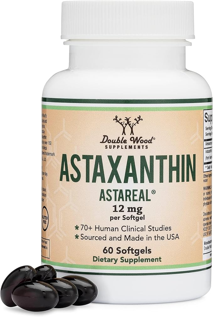 Astaxanthin 12mg Max Strength (Only Patented Astaxanthin (Astrareal) with 70+ Human Clinical Trials - World's Most Studied Brand) Grown Harvested and Made in The USA (Astaxantina) by Double Wood