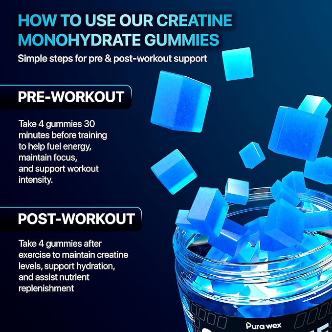 Creatine Monohydrate Gummies 8500mg Complex for Men &amp Women - Pre Workout Creatine Chews for Muscle Growth Strength &amp Energy Sugar Free Vegan Blueberry Flavor - 120 Count