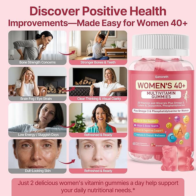 Multivitamin for Women Gummies for 40+ with Omega-3 Phosphatidylserine B-Complex Lutein Algae Calcium + Vitamin D3 for Brain Eye Energy Immune &amp Bone Support* – Vegan Sugar Free 120 Cts