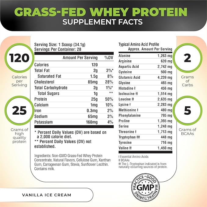 Nutrology Grass-Fed Whey Protein Powder Cold-Processed Grass Fed Whey &amp Amino Acid Powder for Enhanced Lean Muscle Recovery &amp Performance 28 Servings Shake Blend or Bake Vanilla Ice Crea