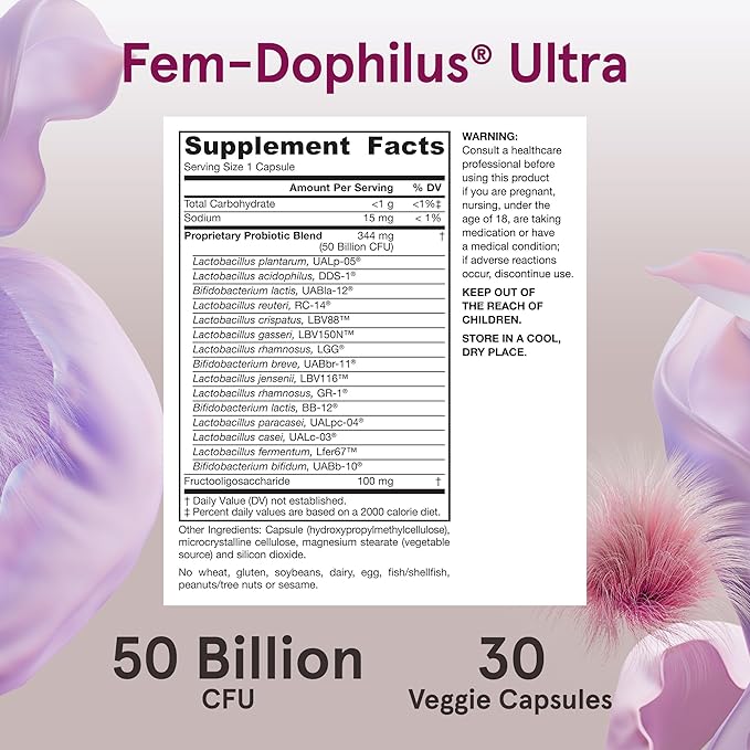 Jarrow Formulas Fem-Dophilus Vaginal &amp Digestive Probiotic 50 Billion CFU 9 Clinically-Studied Strains for Vaginal Flora &amp Yeast Balance Urinary Tract Digestive &amp Immune Support 30 C
