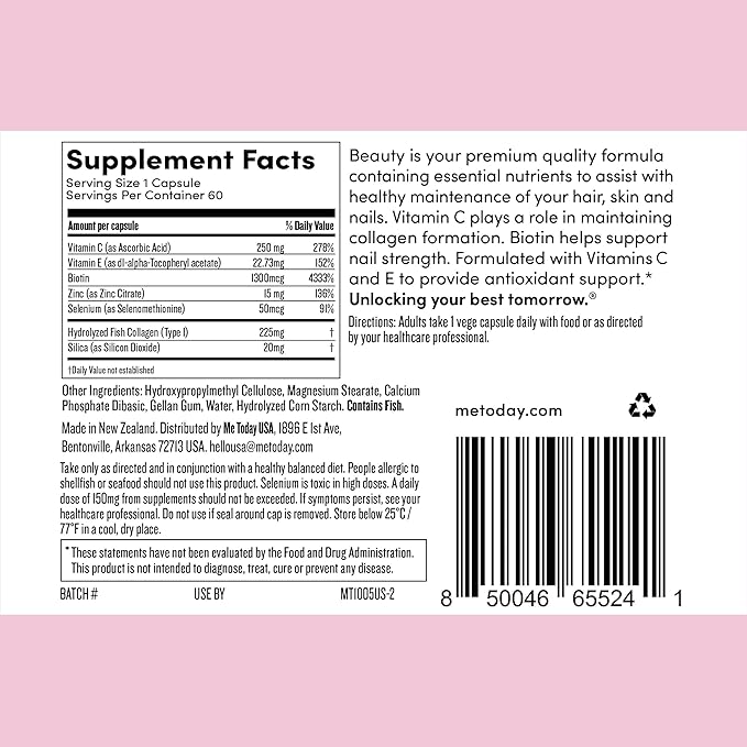 me today Beauty Supplement Hair Skin and Nails Vitamins for Women and Men – with Biotin Collagen Vitamin C and Zinc for Stronger Hair Glowing Skin &amp Healthy Nails60 Servings
