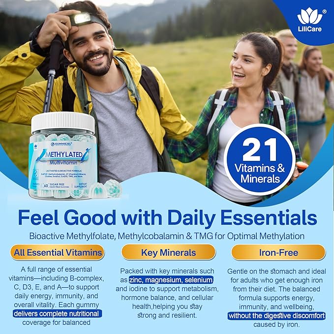 Methylated Multivitamin for Men &amp Women Gummies + Greens &amp Mushroom Blend Methylfolate &amp B12 TMG Choline Daily Vitamin A C D3K2 E B Complex Coq10 ALA for Overall Wellness Sugar