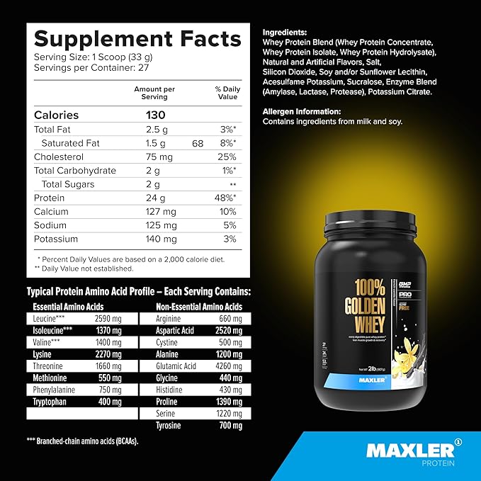 Maxler 100% Golden Whey Protein - 24g of Protein per Serving - Whey Protein Powder for Pre Post Workout - Fast-Absorbing Whey Concentrate Isolate &amp Hydrolysate Blend - French Vanilla Protein 2 lb