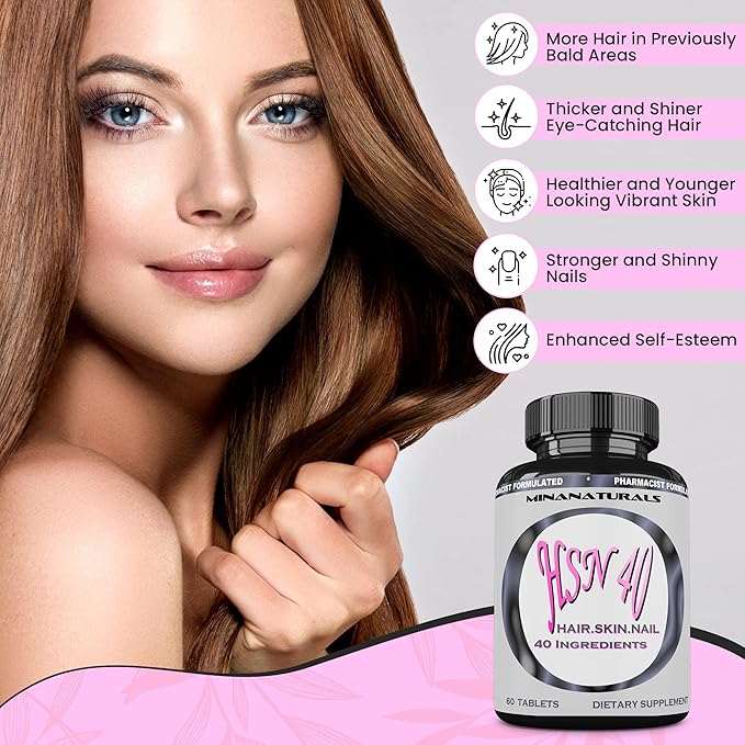 HSN 40 Hair Skin and Nails Growth Vitamins for Women. Biotin 10000 mcg Keratin Collagen for Thicker Stronger Hair. Tight Smooth and Soft Skin. Healthy Nails.