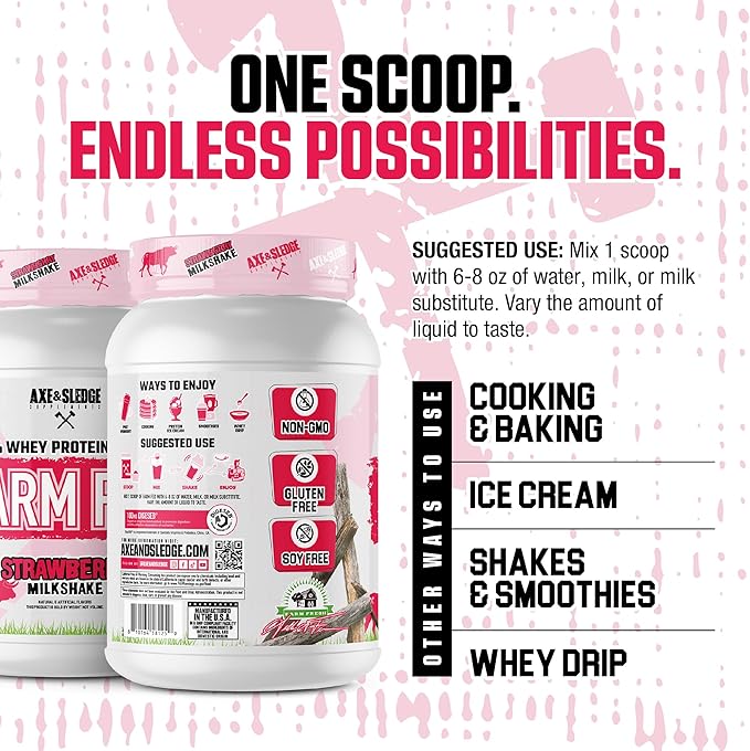 Axe &amp Sledge Farm Fed 100% Whey Protein Isolate | 25g Protein | Low Carb Low Sugar Gluten Free | Protein Powder for Men and Women | Keto | Made in the USA | 28 Servings Strawberry Milkshake