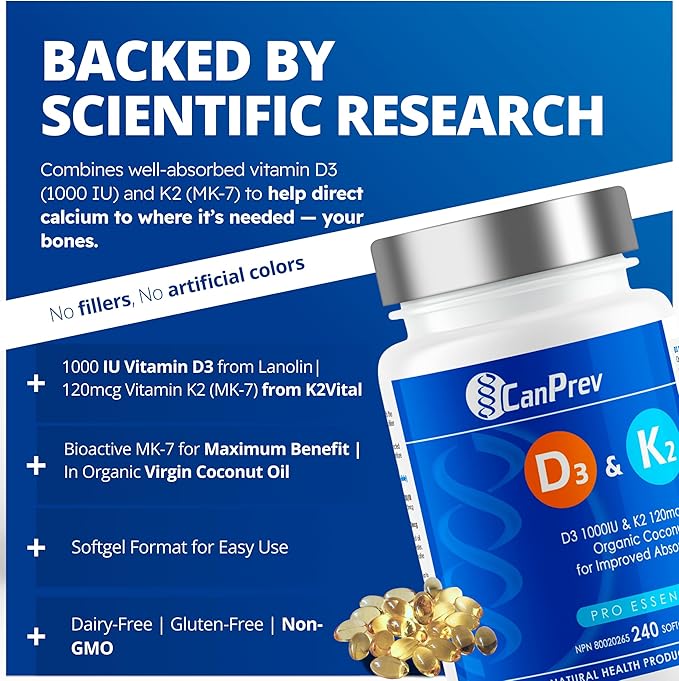 CanPrev D3 &amp K2 Vitamins 240 Softgels 240-Day Supply 1000IU Vitamin D3 &amp 120mcg K2 Supports Strong Bones Teeth &amp Heart Wellness Easy-to-Absorb with Organic Coconut Oil No GMO Gluten