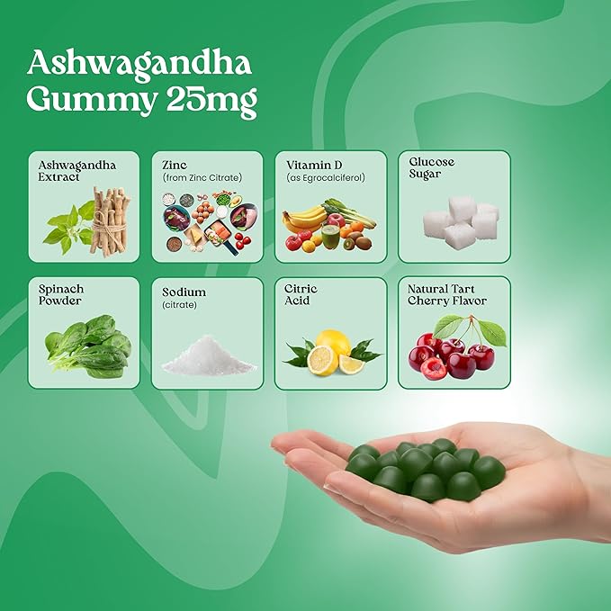VITA GLOBE Ashwagandha Gummies 25mg with Vitamin D2 100mcg and Zinc 2mg Ashwagandha for Men and Women Supplement for Everyday Wellness Mood Balance and Immune Nutrition 60 Count 2 Pack