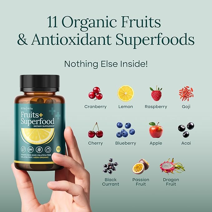100% Organic Fruits and Veggies Supplement (USDA Organic - Made in USA) 180 Potent Fruits and Vegetable Capsules for Energy Boost &amp Daily Fruit and Vegetable Vitamins - Vegan Non-GMO Gluten-Free